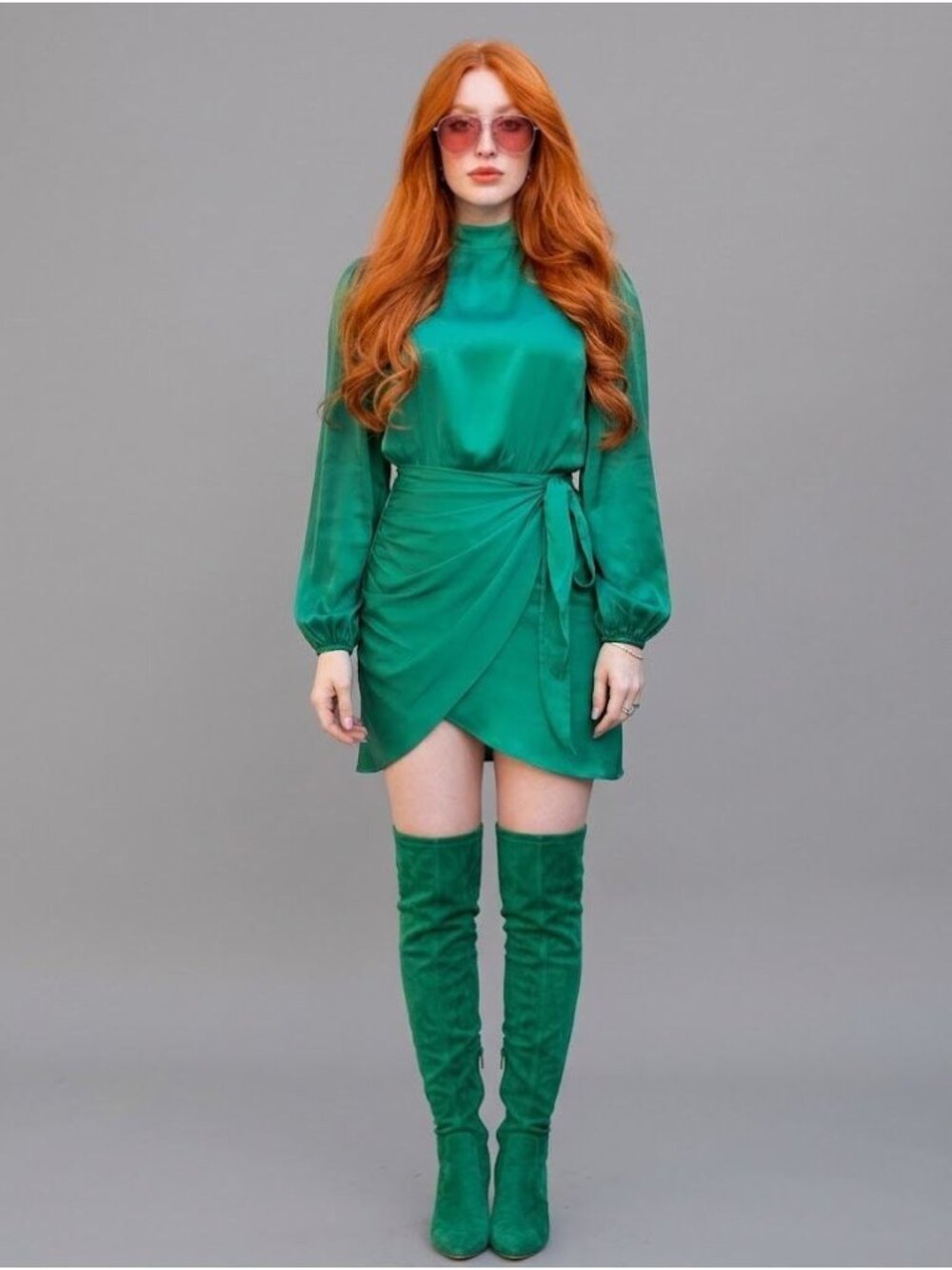 Zara Waist-Tie M Wrap Womens Green Satin Mini Dress Long Sleeve